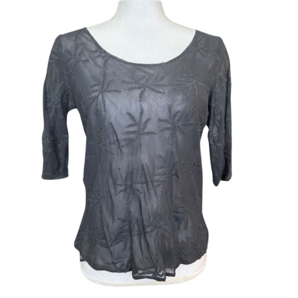 Vintage Beth Schaeffer semi-transparent embroidered black top. Large